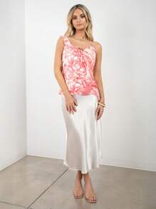 SNOW XUE GAO Pink Floral Printed Ruffle Cascade Chiffon Summer Top Vacation Top Summers Women Break Brunch - Pink - View 1