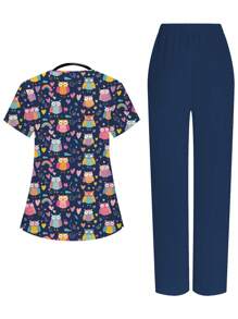 PopScrub Conjunto de uniforme de enfermera de dibujos animados, pijama de manga corta para mujeres - Azul - Ver 2