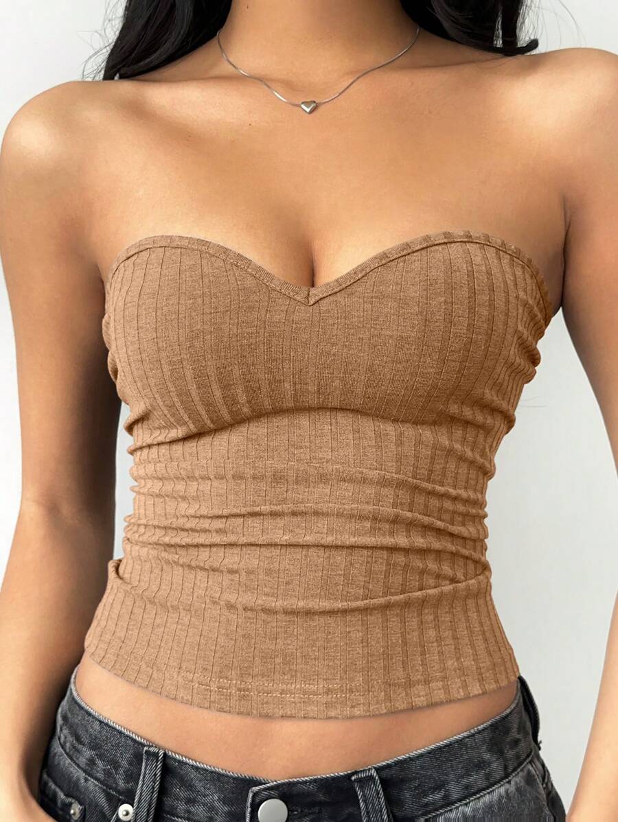SHEIN BASICS Áo ba lỗ dệt kim bó màu trơn giản dị dành cho nữ - Màu Khaki - Xem 1