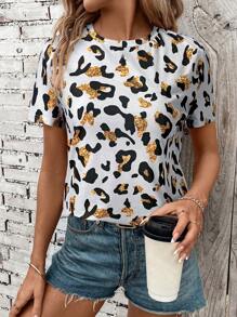 SHEIN LUNE Women's Round Neck Vintage Leopard Print Casual Vacation Basic T-Shirt, Summer