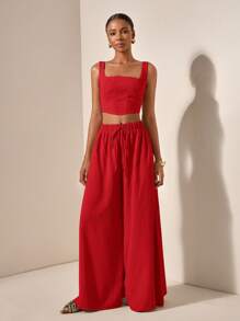 Zivah 新款春夏度假休闲鱼骨背带上衣和阔腿裤带口袋两件套，纹理面料 - B - 紅色 - 查看 6