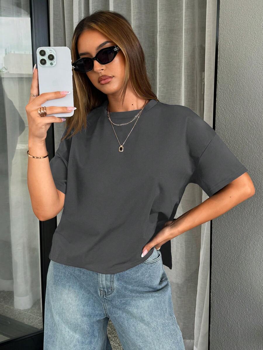 Siren Gaze 女士夏季短前長後基礎款T恤 - 深灰色 - 查看 1