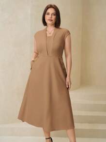 SHEIN Clasi Plus Size Elegant Button Decor Office Dress - Khaki - View 3