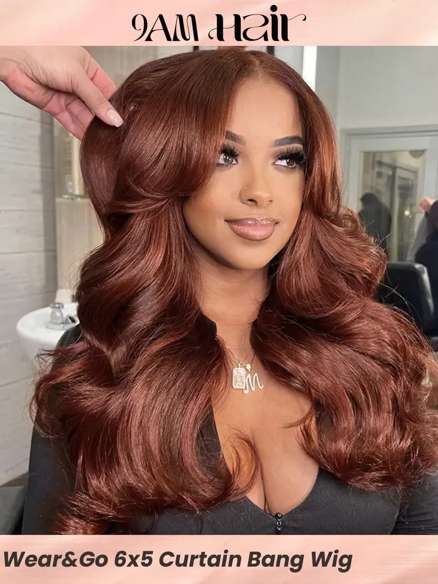 Wear&Go 无胶窗帘刘海红棕色波浪卷发雷米真人假发预拔漂白结预剪 6x5 透明蕾丝封口假发 180% 密度 - S33 - 查看 1
