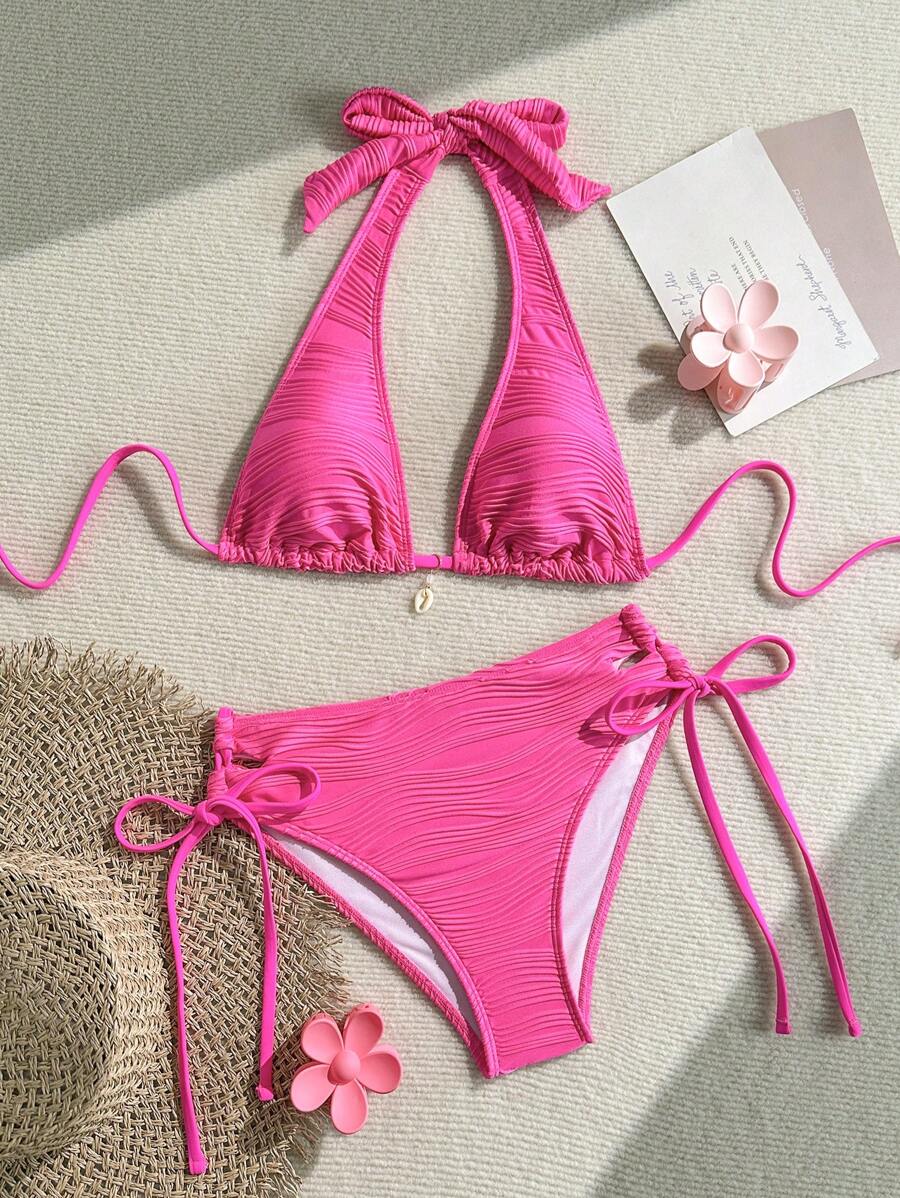 SHEIN Swim 2pcs Solid Color Slimming Women's Swimwear, Sexy Beach/Spa Holiday Swimwear For Summer Beach Vacation - Pink - View 1