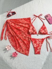 Swim Mod 3pcs/Set Women Summer Random Floral Print Halter Beach Dress, Tie Front Vintage Vacation Bikini Swimwear - Multicolor - View 2