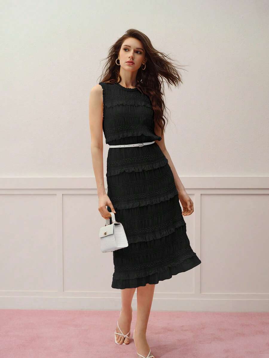 MOTF PREMIUM VESTIDO CON FALDA ACAMPANADA DE VOLANTES - Negro - Ver 1