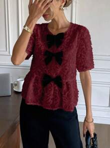 SHEIN Frenchy Women's Bow Decor Round Neck Short Sleeve Ruffle Hem Fashion Blouse Summer Christmas Red - Red - View 3