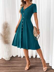 SHEIN Clasi Đầm chữ A tay ngắn cổ chữ V thanh lịch dành cho nữ màu xanh lá cây - Màu xanh ngọc - Xem 3