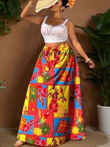 Sunnyshic Plus Size Holiday Plants & Floral Pattern Casual Skirt, Fashionable Daily Wear