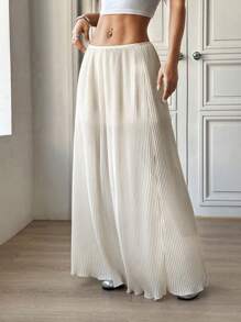SHEIN Unity 2025 Women Spring/Summer Low Waist Comfortable Versatile Lightweight Mesh Solid Color Pleated Skirt - Apricot - View 4