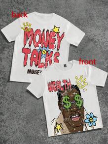 Manfinity EMRG Men's White Distressed Graphic T-Shirt - Streetwear Casual T-Shirt With Graffiti Art, Dollar Graphic, Young Street Style For Men, Versatile Item For INS, Creative Slogan 'More Money Makes More Money', Oversized Letter Graphic Print Design On The Front And Back. Fashionable And Versatile, Suitable For Sportswear Matching, Back-To-School Wear And Boyfriend Gifts. "Streetwear, Y2k Men - Multicolor - View 3