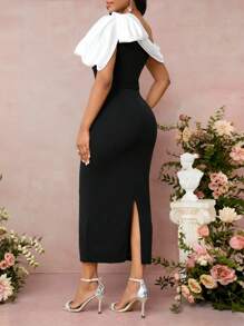 SHEIN Lady White Satin Big Bow Sloping Shoulder Collar And Black Straight Long Dress Elegant Party Casual Daily Four Seasons Kentucky Derby Birthday&Event Dresses /Office Dresses /Church Dresses/Wedding Dresses /Holiday Dresses