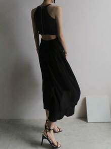DAZY 女式不对称下摆收腰中长连衣裙优雅太阳裙 - 黑色 - 查看 2