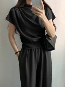 DAZY 女士纯色短袖褶皱上衣和裤子两件套家居服套装 - 黑色 - 查看 4