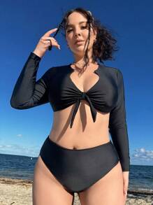 Slaysola 长袖 V 领蝴蝶结加大码泳衣套装 - 黑色 - 查看 6