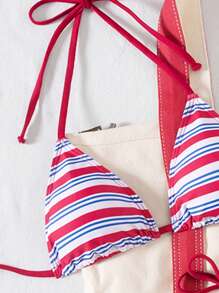 Swim Mod 2pcs Striped & Color Block Halter Bikini Set, Sexy Fashion Swimwear For Summer Vacation, Includes Top And Bottom With Tie-Side Bottoms