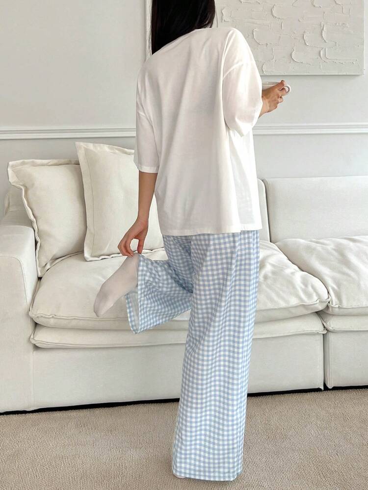 2pcs/Set Women Bear Print Loose Short Sleeve Plaid Long Pants Pajama Set, Summer