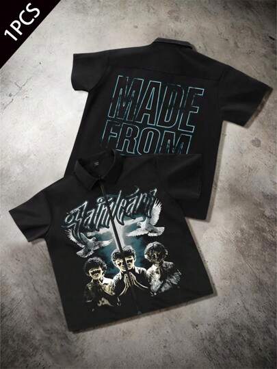  Manfinity EMRG Men's Letters And Boys' Pigeon Print Colorful Short Sleeves Shirt, Suitable For Daily Commuting Wear, Suitable For All Seasons, Versatile Casual Street Style, Zip-Up Collar Loose Shirt, Husband Boyfriend Gift,Men's Street Style, INS Matching Item,Streetwear,Rapper, INS Matching Item,Boyfriend Gifts