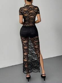 SHEIN Essnce Damen Spitzen Ausschnitt Körperbetontes Transparentes Kleid, sexy ärmellos