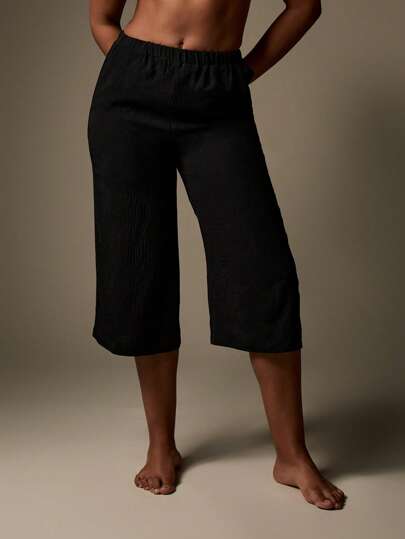 MISSGUIDED Wide-Leg Culotte Trousers Elastic Waist Resort Wear Palazzo Pants Summer Beach Vacation Lounge Wear Breathable Cropped Length Casual Pants