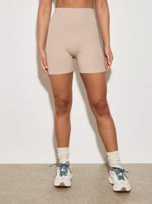 AiiRZ Pantalones cortos de ciclismo acanalados de talle alto, pantalones cortos de compresión para entrenamiento, pantalones cortos de yoga, gimnasio, entrenamiento, running, con control de humedad y control del abdomen - Caqui - Ver 6