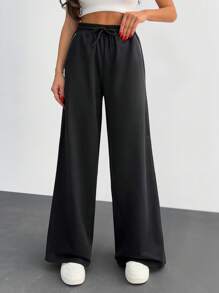 EURMUSE Women's Solid Seam Detailed Drawstring Sweatpants - Black - View 3