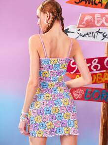 SHEIN X Care Bears Women's White Summer Y2K Cute Bear Print Mini Cami Dress Vacation Rave Outfits Festival Halter Neck Dress Cheer Bear Funshine Bear - Pink - View 2