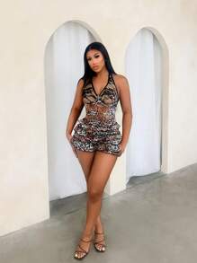 BamGleam Pantalón de una pieza con cuello de halter, estampado de leopardo y encaje, sexy, para primavera y verano para mujeres