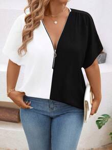 大码女式拉链拼色休闲蝙蝠袖短袖衬衫 - 黑與白 - 查看 4