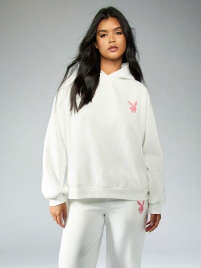 Missguided x Playboy 系列超大号家居服连帽衫，带有标志性兔子标志，非常适合休闲街头服饰秋冬必备运动衫