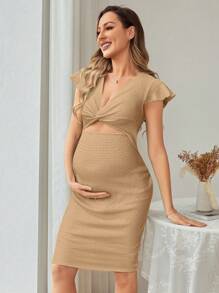 SHEIN Maternity City Casual Ombre Ruffle Sleeve V-Neck Knee-Length Fitted Pregnant Woman Dress, Summer
