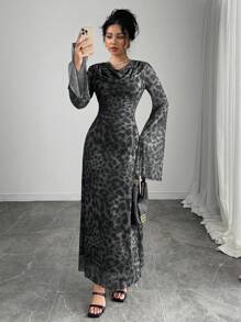 Calvaya Women's Leopard Print Plunge Neck Flare Sleeve Bodycon Dress Maxi Women Outfit