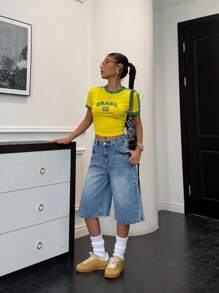 SHEIN Pantalons capris longs amples en jean délavé à taille basse pour adolescentes, printemps été, Tenues bohèmes larges pour vacances à la plage d'été, Tenues d'été pour brunch, remise des diplômes, Tenues streetwear pour festivals de concerts d'été