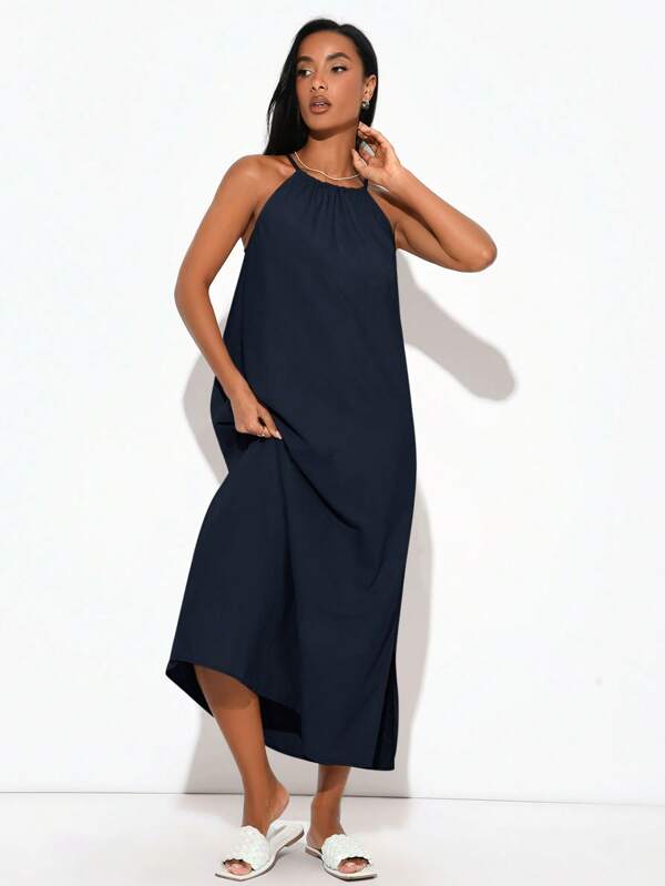 SHEIN BASICS 女士编织挂脖式开衩侧裙
