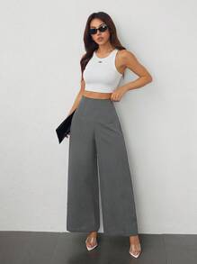 SHEIN PETITE Pantaloni a vita alta texture ampi casual di moda semplici da donna, adatti per la stagione back-to-school e per l'ufficio