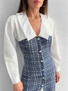 RueChic Women's Collared Long Sleeve Plaid Fitted Color Block Mini Dress - Navy Blue - View 5