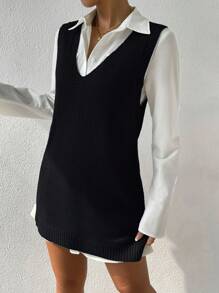 EURMUSE Solid V Neck Jumper Dress Without Belt - Black - View 5