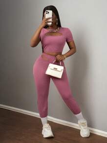 Slaydiva Bộ đồ 2 món họa tiết khoét rỗng thường ngày mùa hè mới dành cho nữ - Đỏ - Xem 1