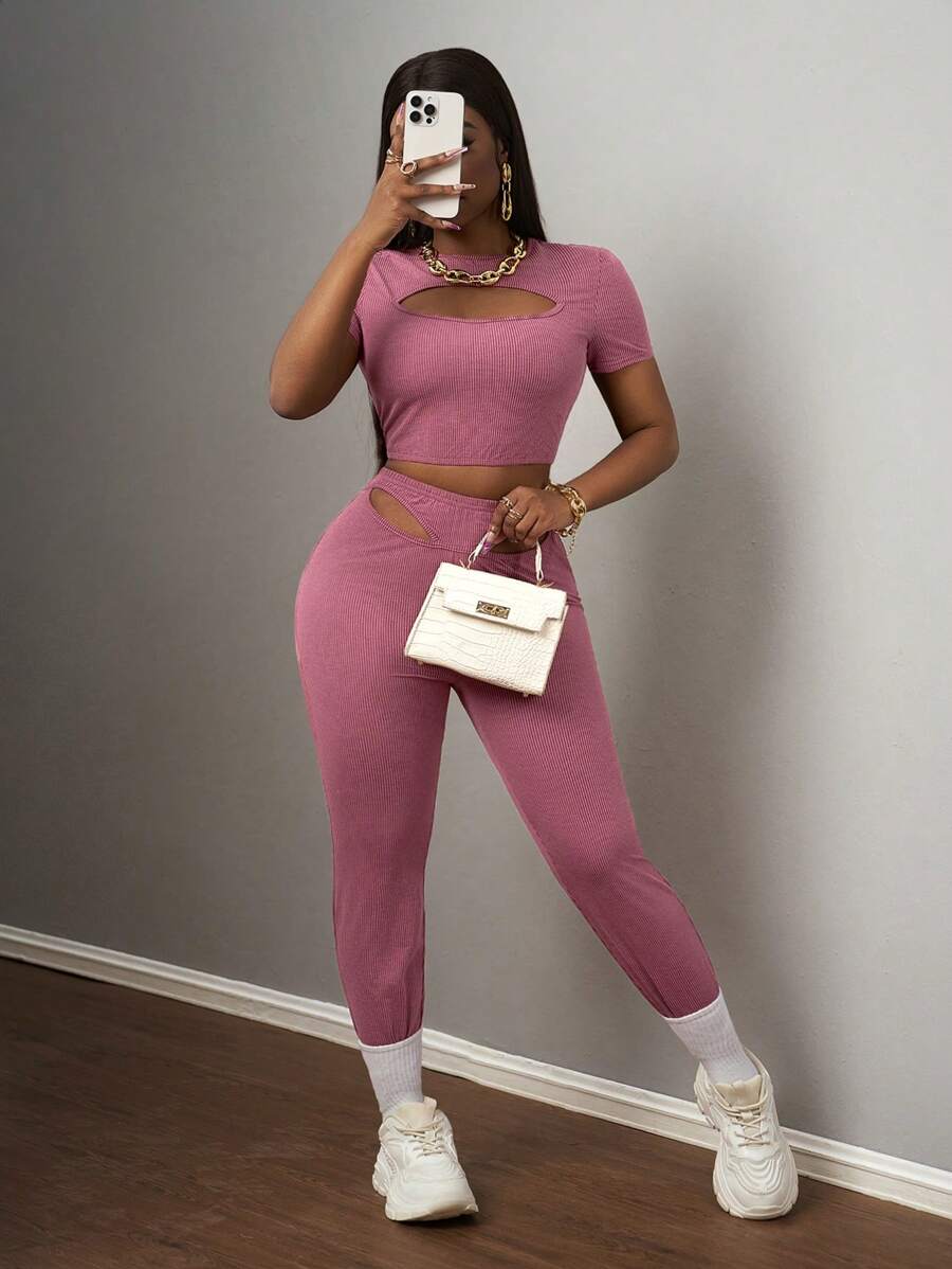 Slaydiva Bộ đồ 2 món họa tiết khoét rỗng thường ngày mùa hè mới dành cho nữ - Đỏ - Xem 1