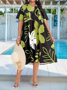 SHEIN Lady 春夏优雅通勤办公室休闲波西米亚风休闲外出彩色编织缺口舞会礼服舞会礼服中长款短袖大码连衣裙女士优雅服装海滩度假波西米亚风女装女士短裙度假连衣裙女士度假服装女士夏季服装