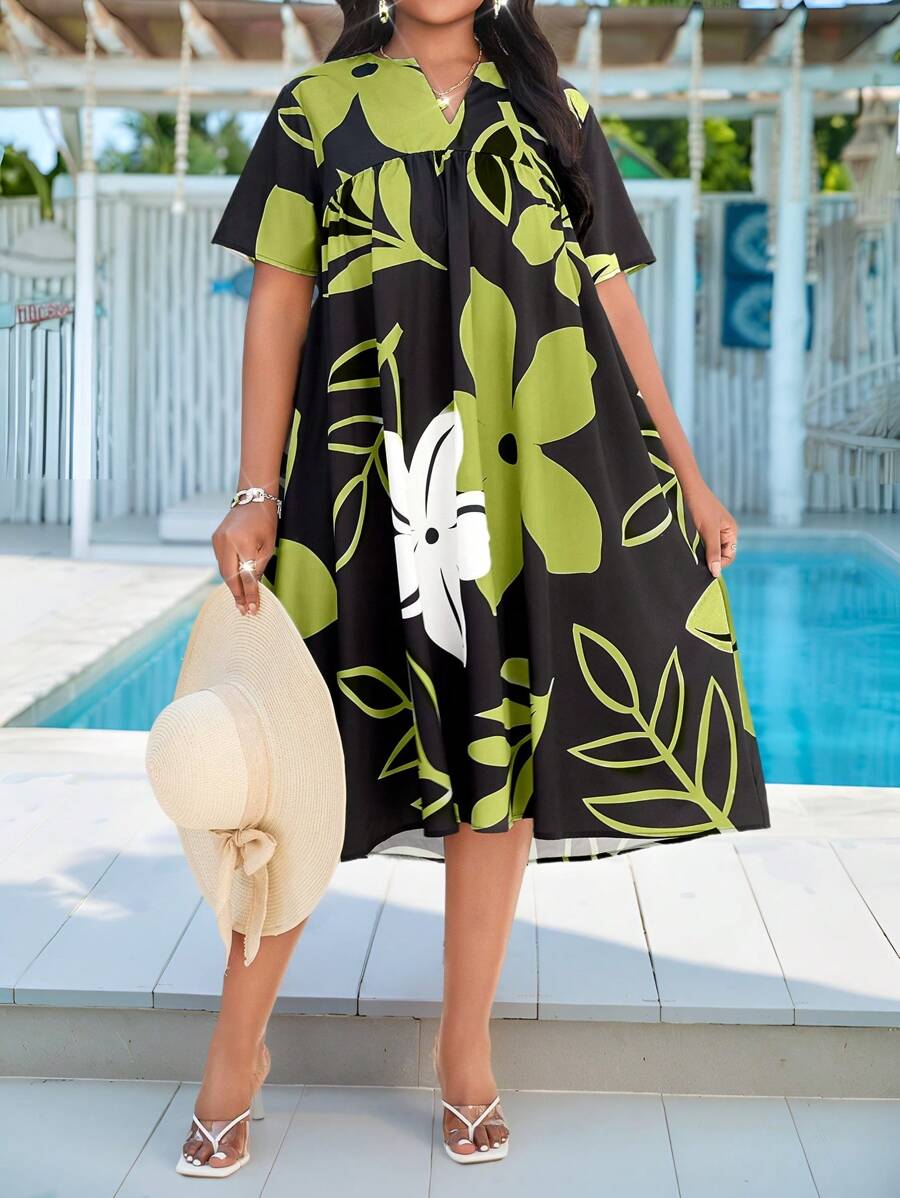 SHEIN Lady 春夏优雅通勤办公室休闲波西米亚风休闲外出彩色编织缺口舞会礼服舞会礼服中长款短袖大码连衣裙女士优雅服装海滩度假波西米亚风女装女士短裙度假连衣裙女士度假服装女士夏季服装