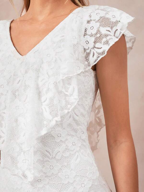 Amorya Femei Eleganta Decolteu in V Dantela Alba Slim Fit Rochie Mini, Potrivita Pentru Zi de nastere, Vacanta, Invitat la Nunta