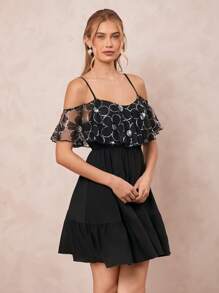 SHEIN Clasi Wedding Guest Dress Women,Sparkling Sequin Flower Embroidery Lotus Leaf Folding Waist A-Line Short Dress - Black - View 5