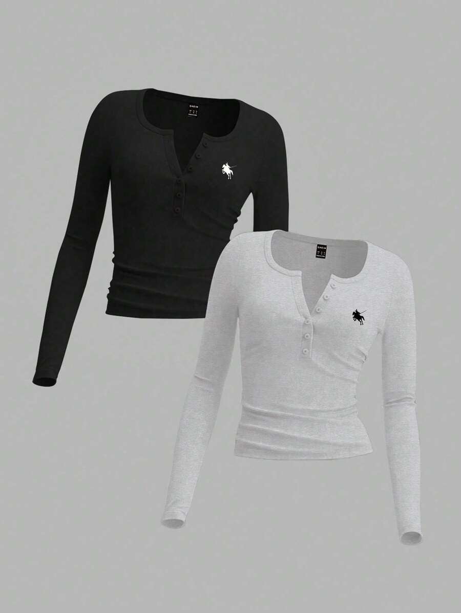 SHEIN EZwear Two-Piece Set Horse Pattern Knitted Long Sleeve T-Shirt, Suitable For Spring And Summer Autumn And Winter