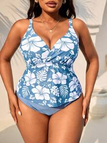 Swim Lushoire 女式蓝色和白色花卉印花大码比基尼上衣