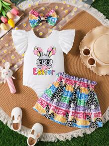 3pcs Baby Girls White Summer Easter Outfit Set: Cute Bunny Print Romper,Ruffled Skirt,Headband,Fashionable Birthday Party Outings Holiday Travel Relax - Multicolor - View 3