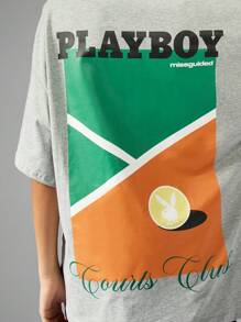 Missguided x Playboy 超大 T 恤街头休闲运动短袖基本款徽标 T 恤舒适家居服运动休闲春夏运动圆领上衣棉混纺针织衫 - 淺灰色 - 查看 4