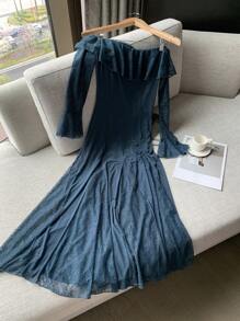 DAZY Romantic See-Through Mesh Lace Splice Ruffle Ruffle Waist Sexy Night Dress For Women - Blue - View 9