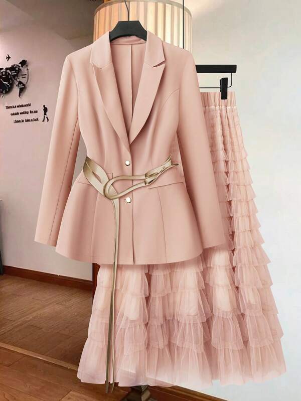 SHEIN Clasi 2pcs/Set Plus Size Women Spring Summer Business Chic Blazer Jacket And A-Line Layered Mesh Cake Skirt Set Graduation,Back To School,Teacher Outfits For Women